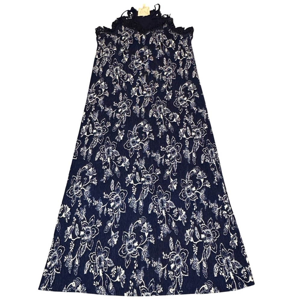 Moon River Navy Blue Floral Plisse Maxi Dress Lace Trim Adjustable Straps Small